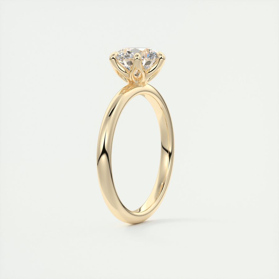 Frank Darling six prong round solitaire engagement ring with floral prongs and skinny band