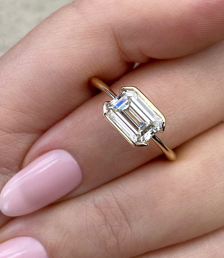 Horizontal emerald cut diamond engagement ring sale